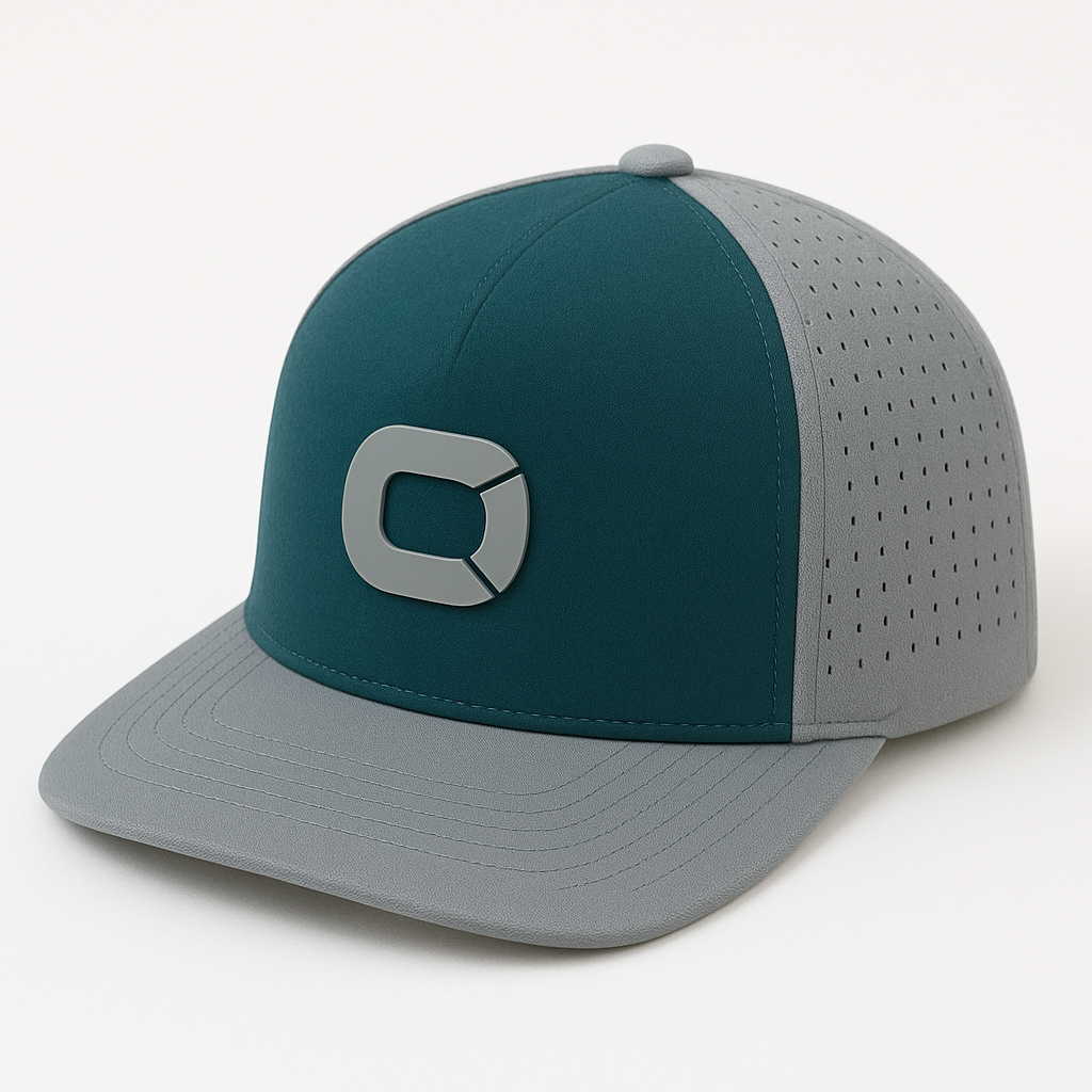 A two-tone gray and teal baseball cap with a gray logo on the front and perforated gray panels on the sides.