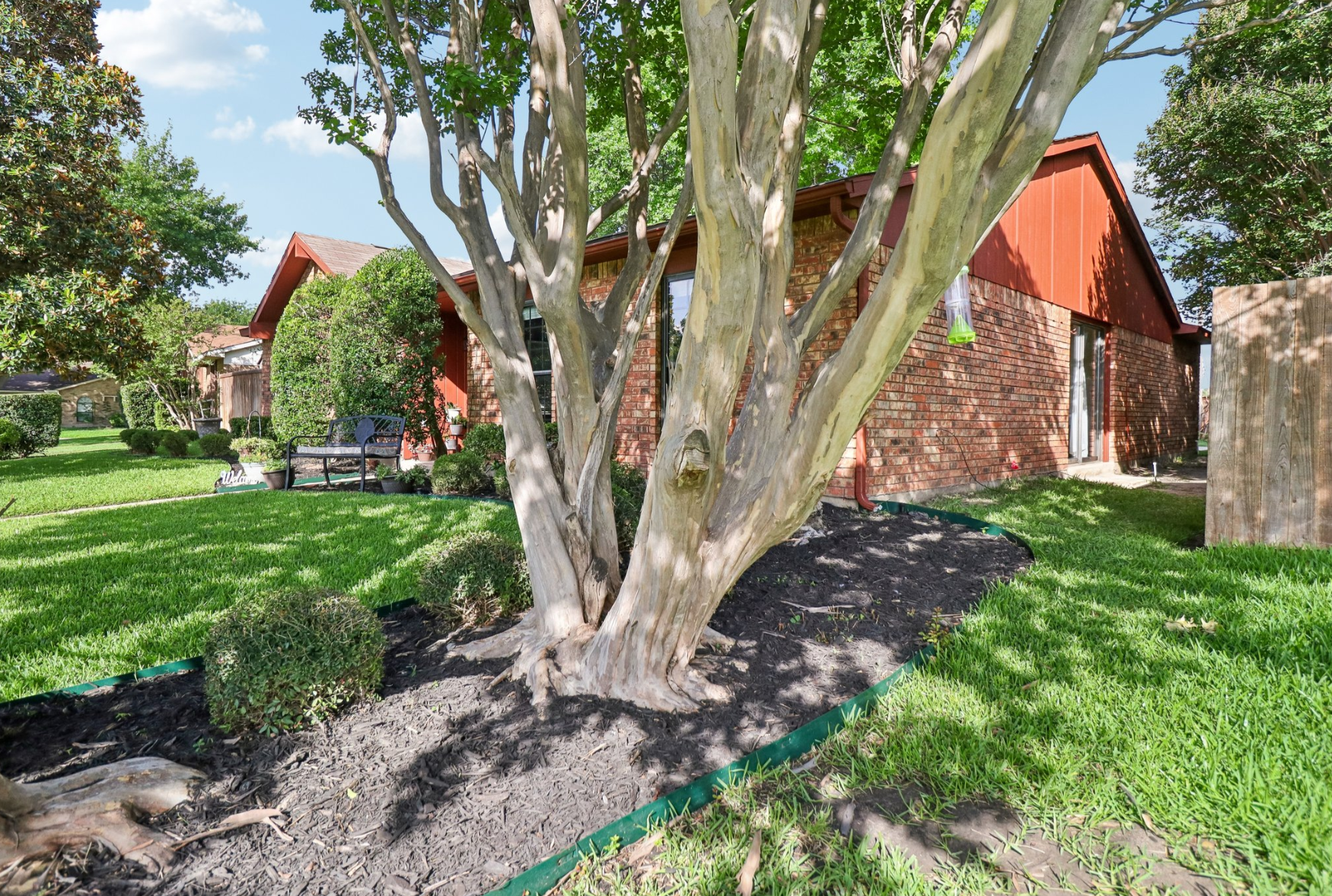 A backyard with a large tree in front of a red brick house, green grass, bushes, and a black bench.