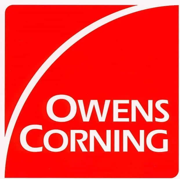 Red background with white text that reads 'OWENS CORNING' and a white curved line extending from the top left to the top right.