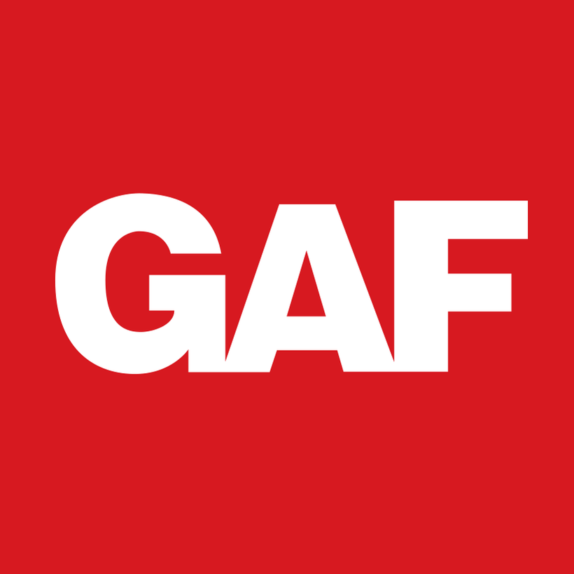 The logo of GAF, a roofing manufacturer, with white letters 'GAF' on a red background.