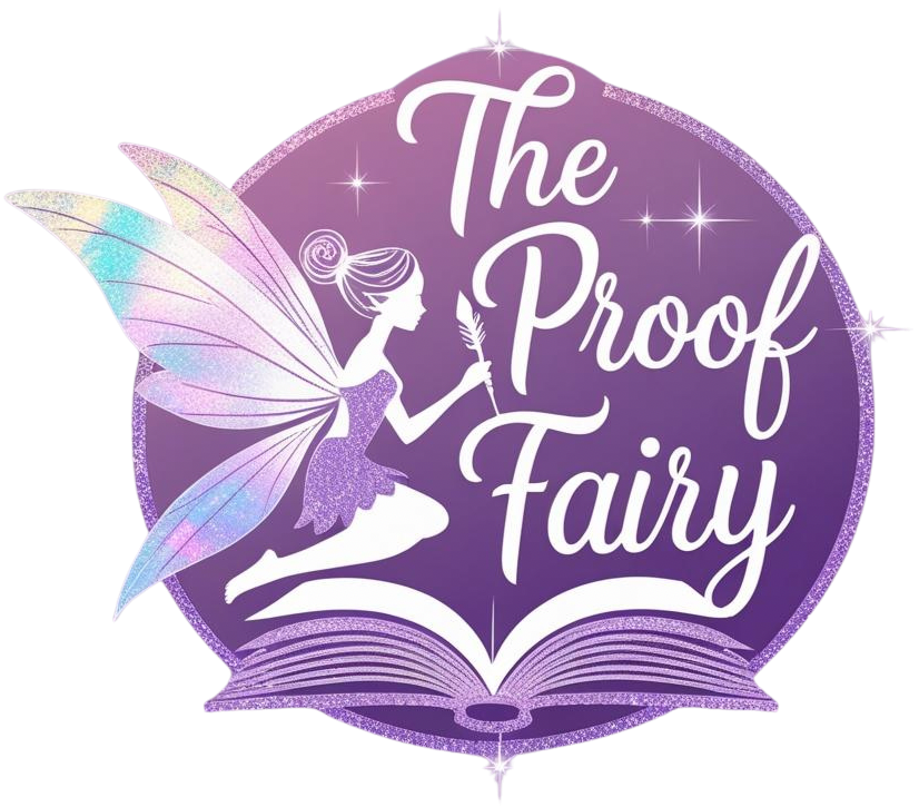 A purple circular logo with a fairy holding a wand, sitting on an open book. Text reads "The Proof Fairy."