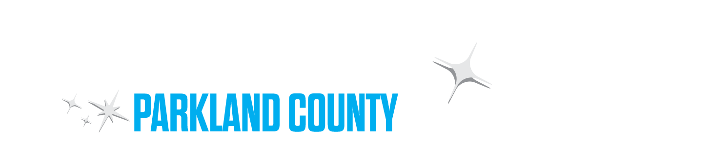 Sign for Spruce Grove and Parkland County with address and phone number on a black background.
