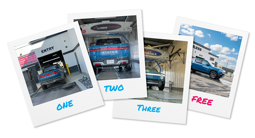 Four Polaroid-style photos of a blue car at a car wash. The first photo shows the car entering, labeled "ONE" in blue. The second shows the car being washed inside, labeled "TWO" in blue. The third shows the car drying, labeled "THREE" in blue. The fourth shows the car fully washed outside, labeled "FREE" in pink.
