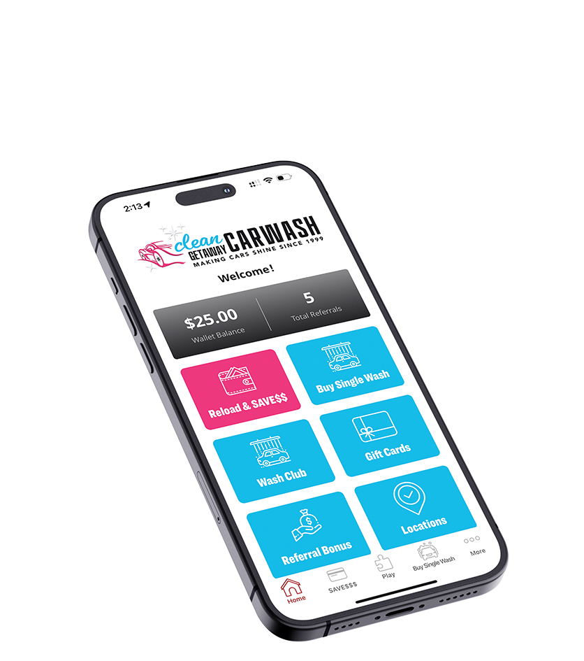 Mobile app screen for Clean Getaway Car Wash showing various options like Reload & Save $, Buy Single Wash, Wash Club, Gift Cards, Referral Bonus, and Locations, with a wallet balance of $25 and 5 total referrals.