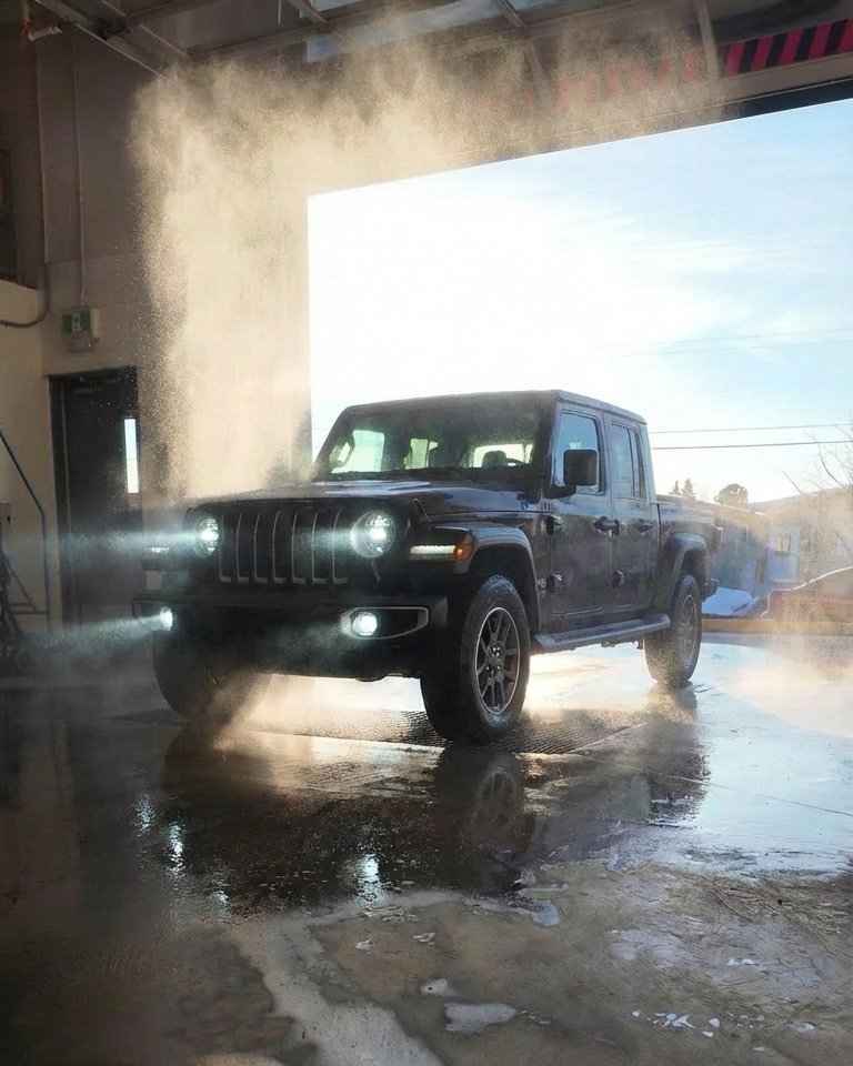 Black Jeep Wrangler parked inside an automatic car wash as water is sprayed on it.