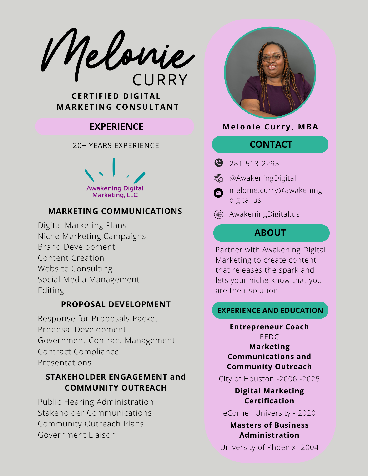 A professional resume for Melonie Curry, a digital marketing consultant, featuring her photo, contact information, experience, and education in colorful sections.
