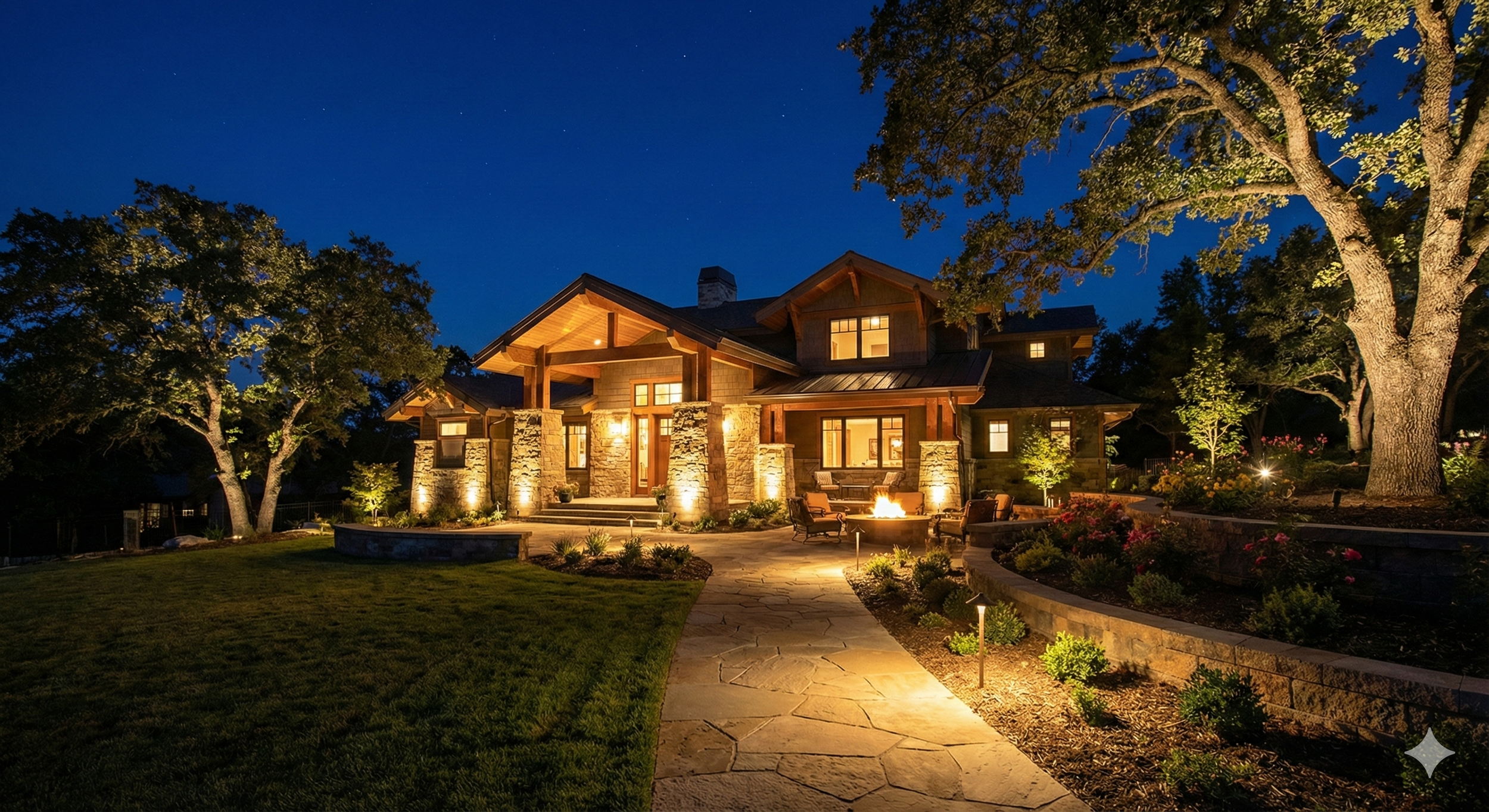 Nighttime view of a large house with warm exterior lighting, stone pillars, and a patio with outdoor seating and a fire pit. The house is surrounded by trees, landscaped gardens, and a stone walkway.