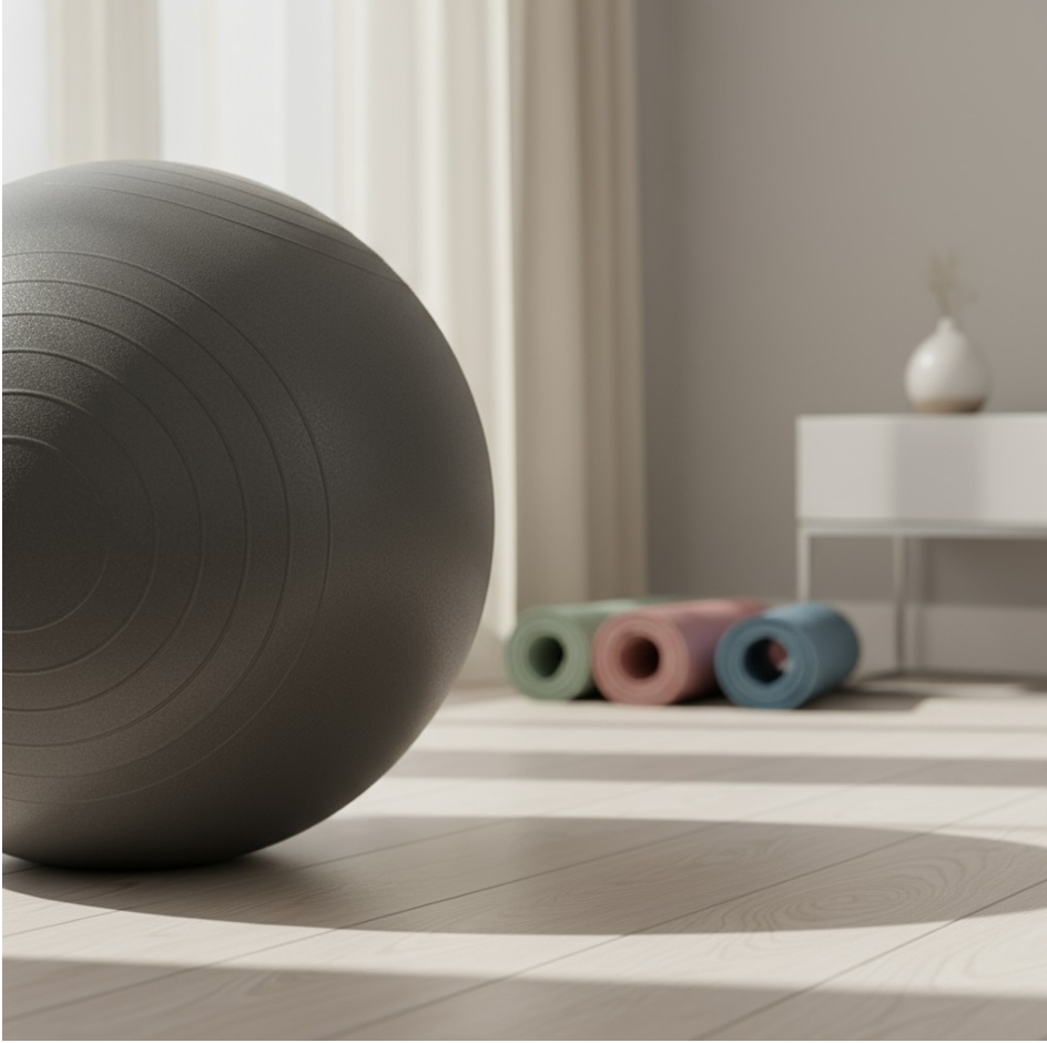 A black exercise ball on a wooden floor with three rolled yoga mats in pastel colors in the background and a white side table with a white vase in a softly lit room.