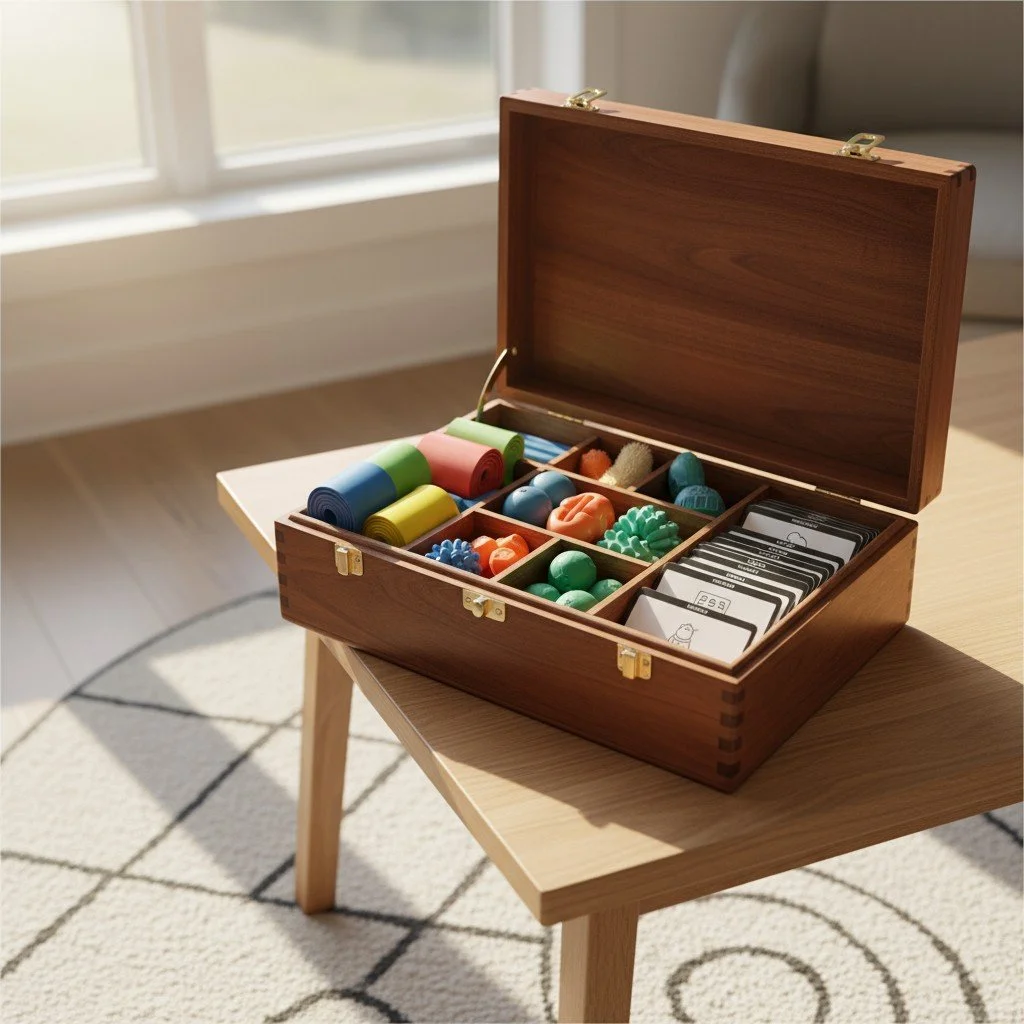 A wooden game box with various colorful game pieces, cards, and tokens inside, placed on a wooden table near a window in a well-lit room.