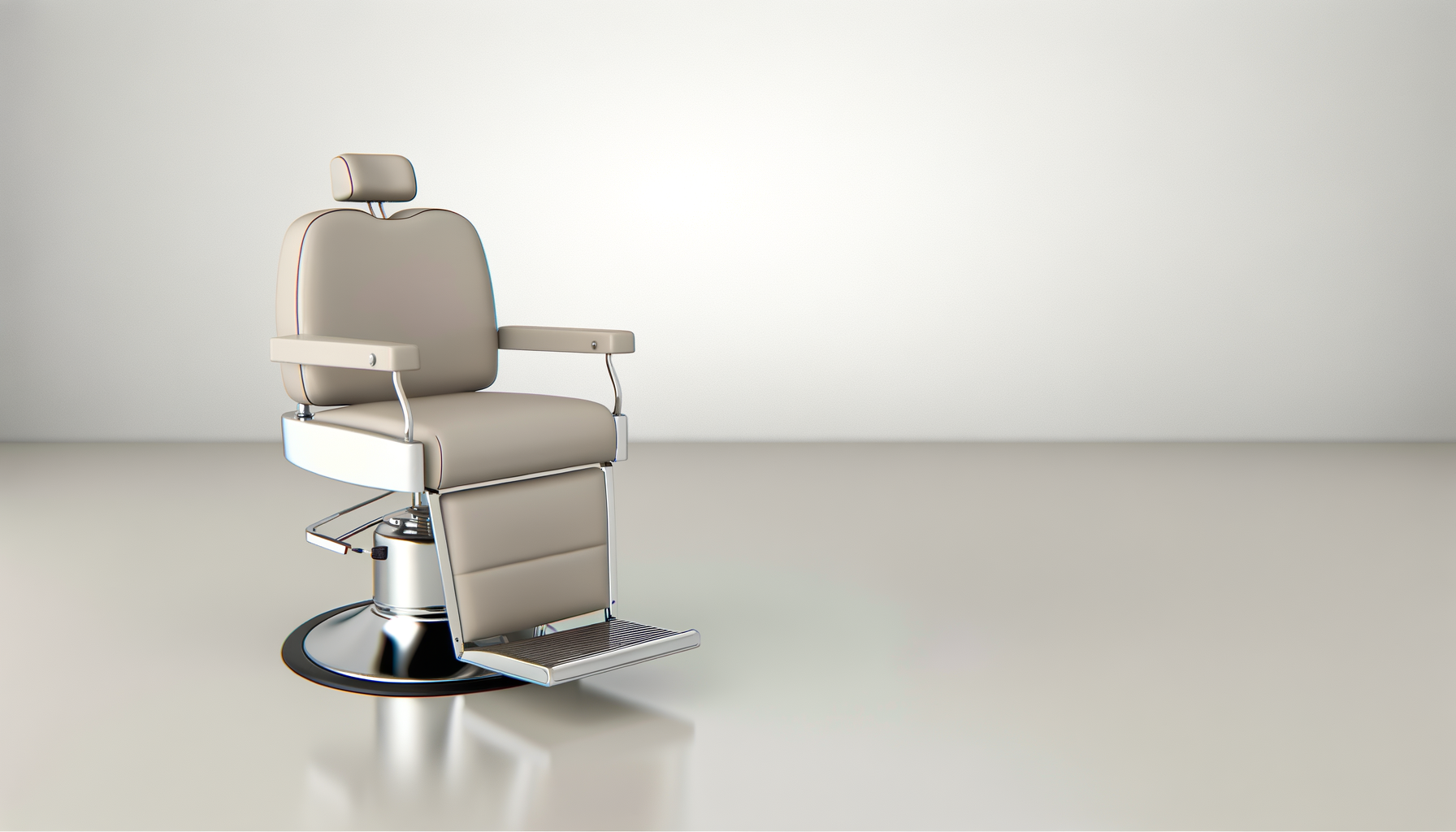 Empty beige vintage barber or medical examination chair with footrest against a plain light background.