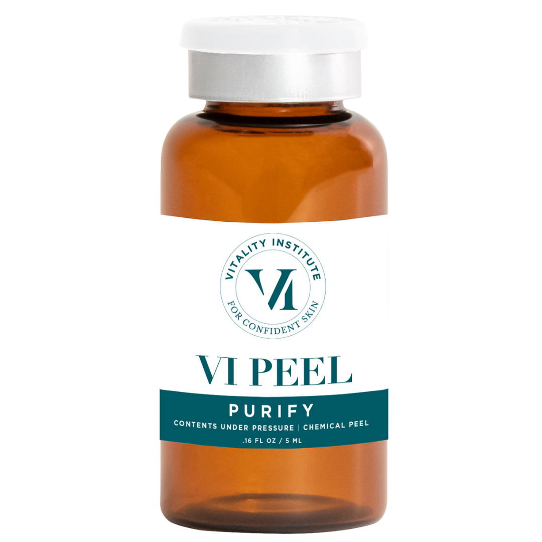 A bottle of VI Peel Purify chemical peel solution by Vitality Institute in an amber glass bottle with a white cap, label featuring the brand name, product name, and description.