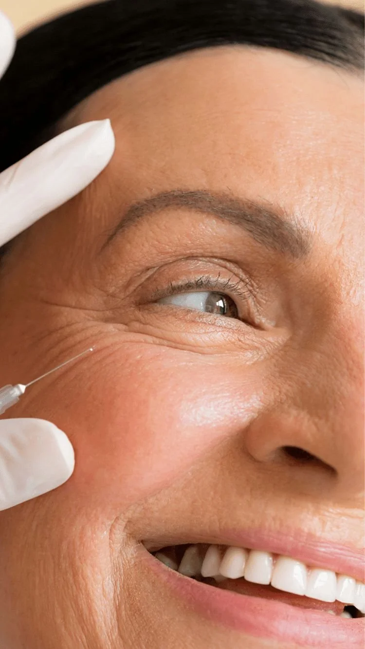 Close-up of a smiling woman's face receiving a cosmetic injection near her eye from a medical professional wearing gloves.