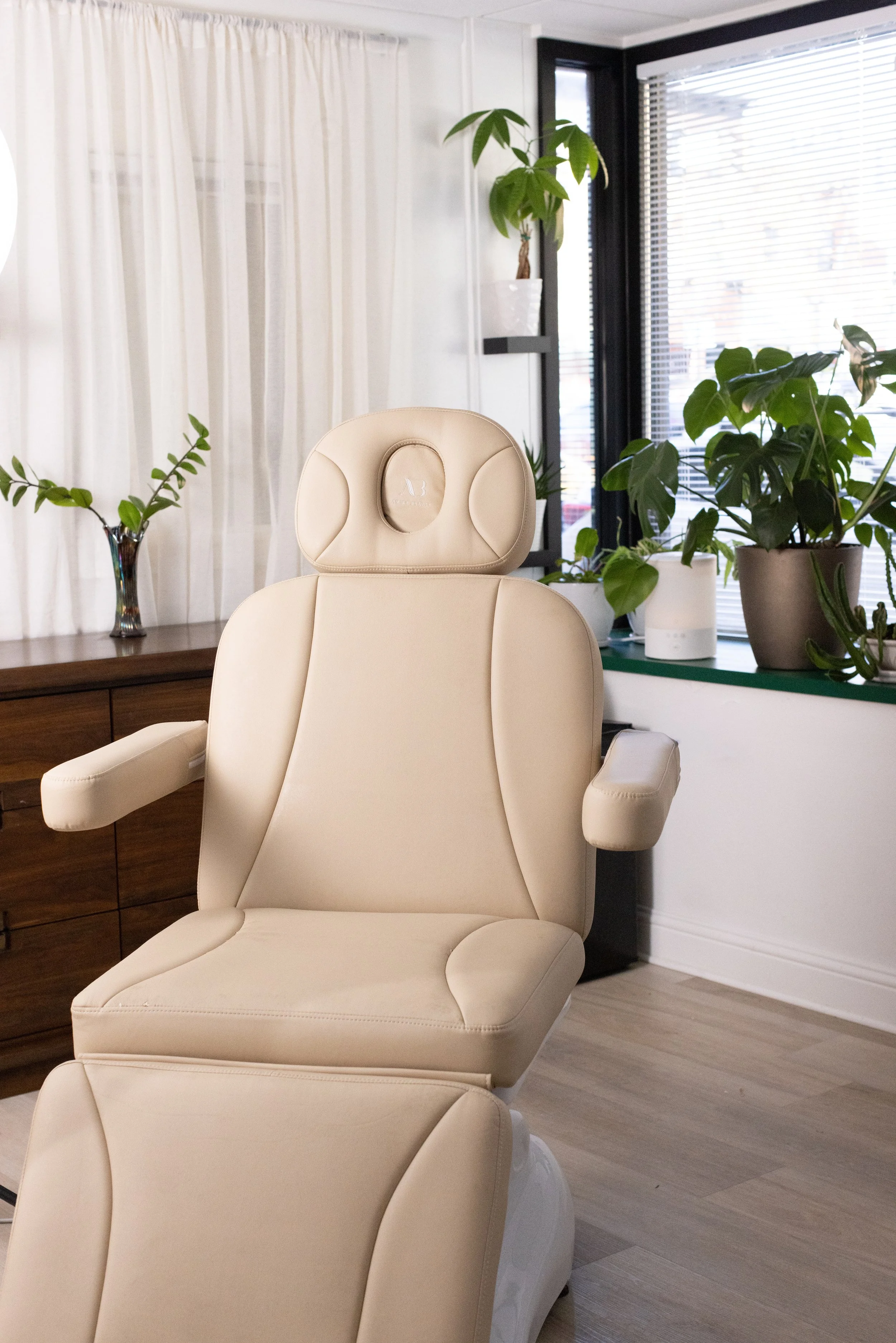 A beige dental chair in a modern room with large windows, potted plants on the windowsill, a wooden cabinet, and sheer white curtains.