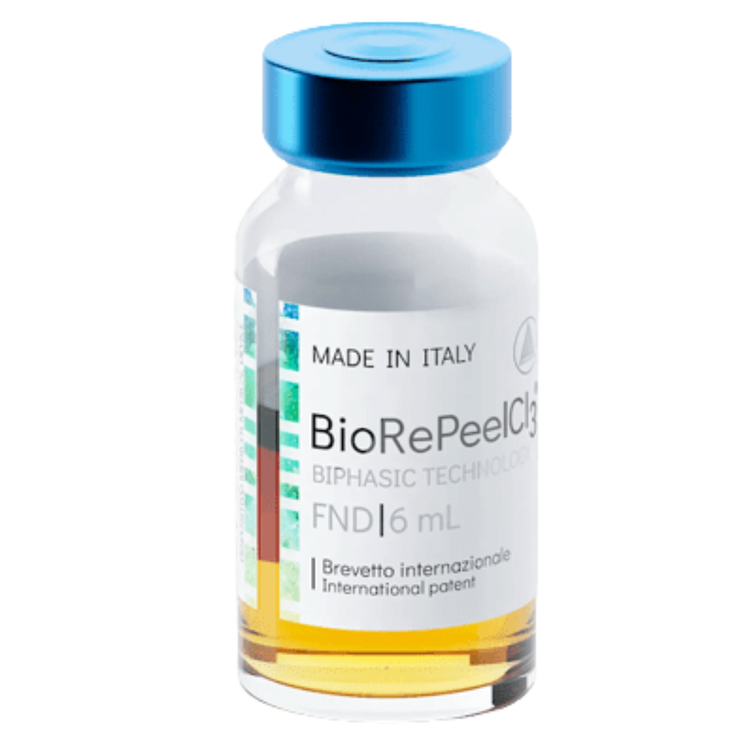 A vial of BioRePeel treatment with a blue cap, showcasing biphasic formulation.