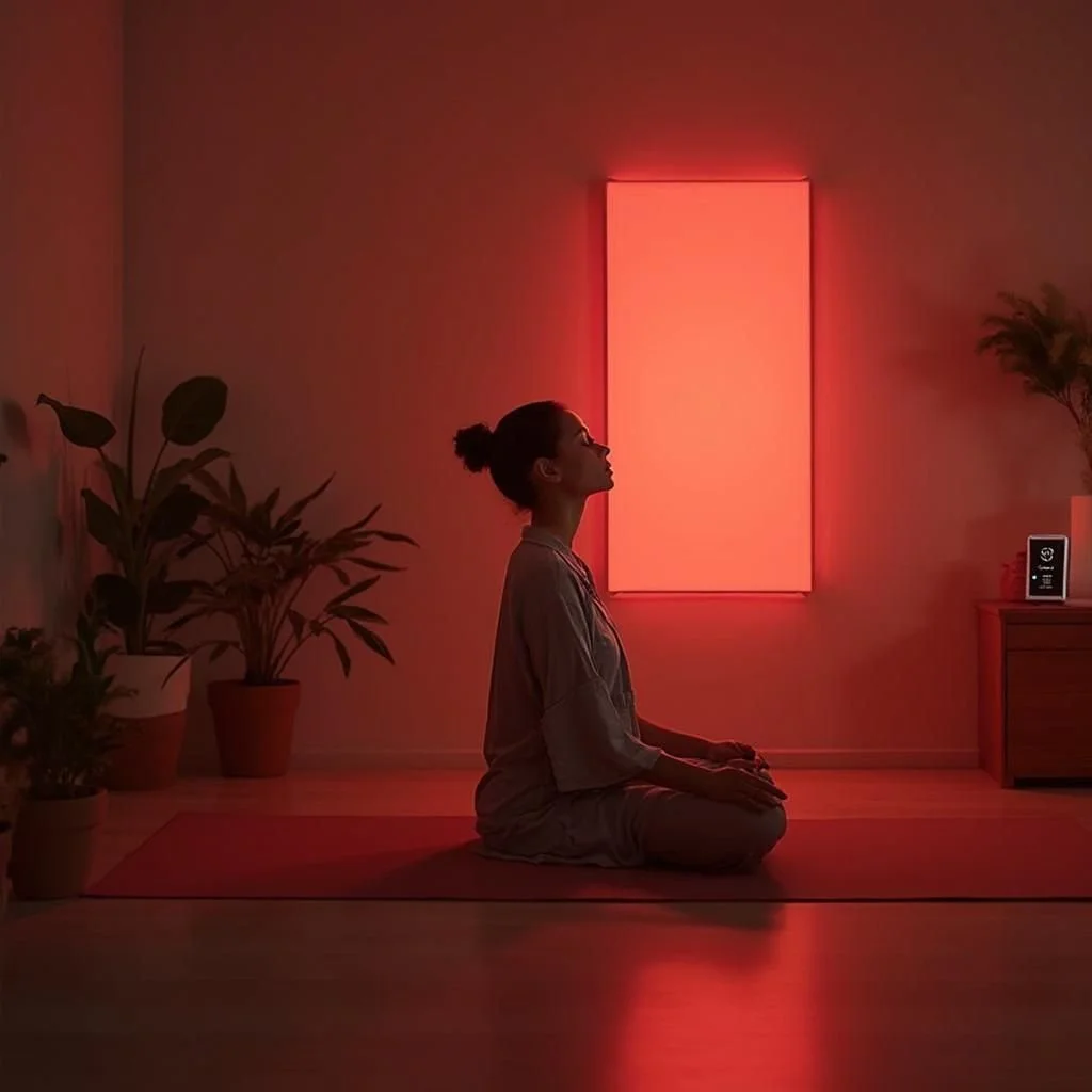 A woman practicing yoga in a dimly lit room with a pink neon wall light, sitting cross-legged on a yoga mat, surrounded by potted plants.
