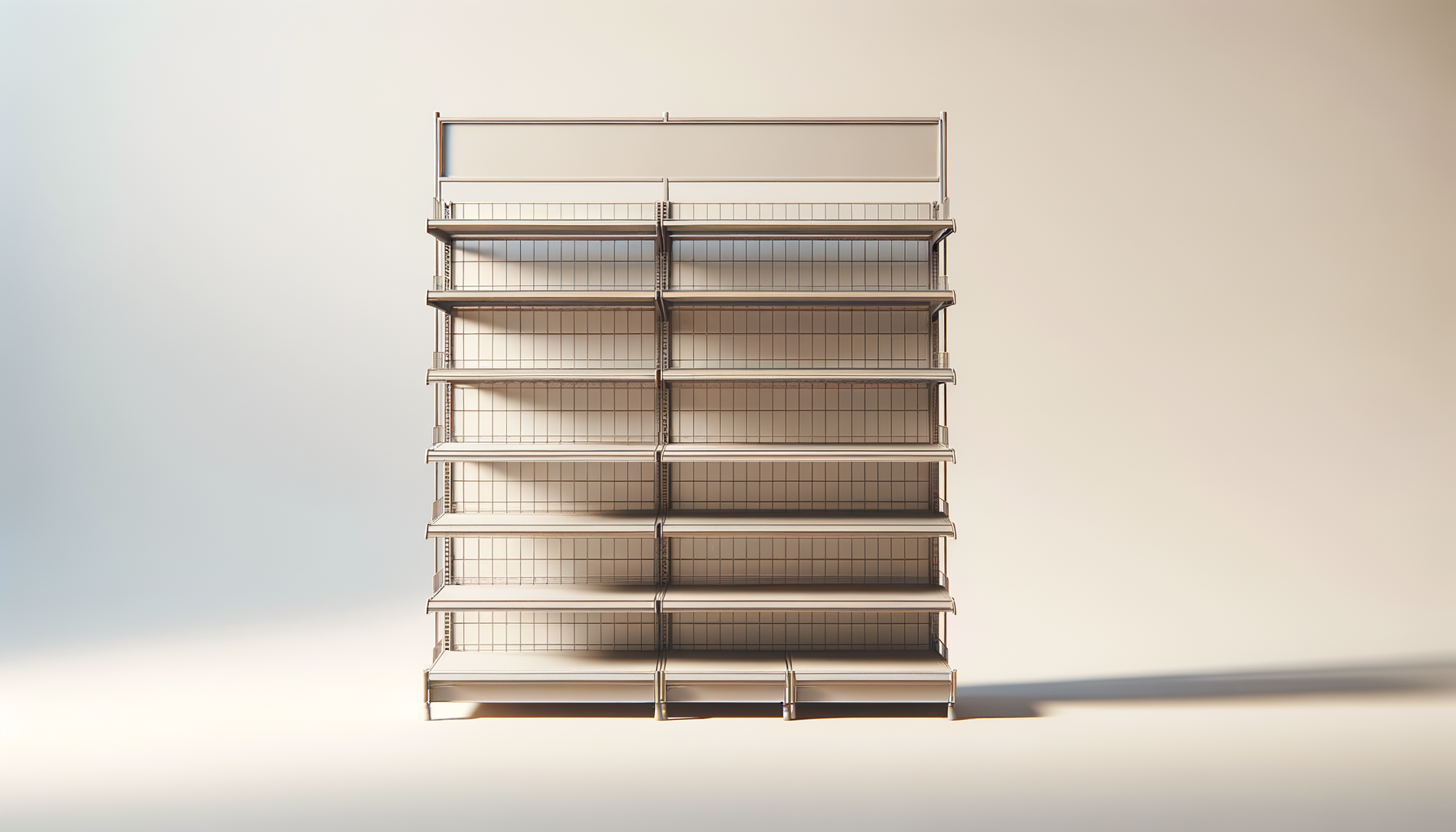 Empty metal shelving unit with multiple tiers against a plain wall.