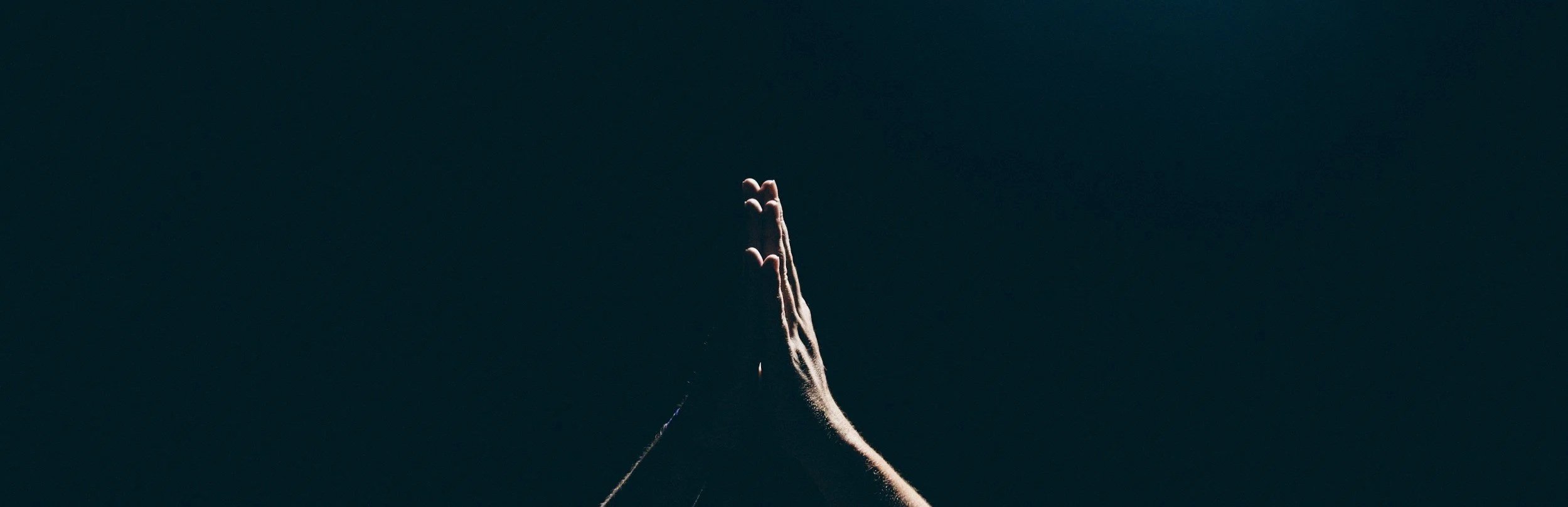 A person's hands pressed together in a prayer or meditative gesture against a dark background.