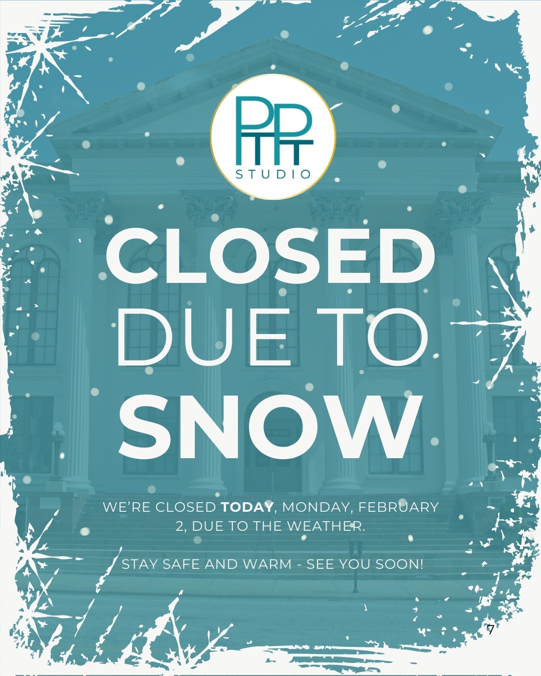 ❄️ SNOW DAY AT PTPT STUDIO ❄️

Stay warm and safe today, everyone! Due to the weather, the studio is CLOSED today, Monday, February 2nd. But don't let the snow slow you down&mdash;use this extra time at home to secure your spot for the new session! E