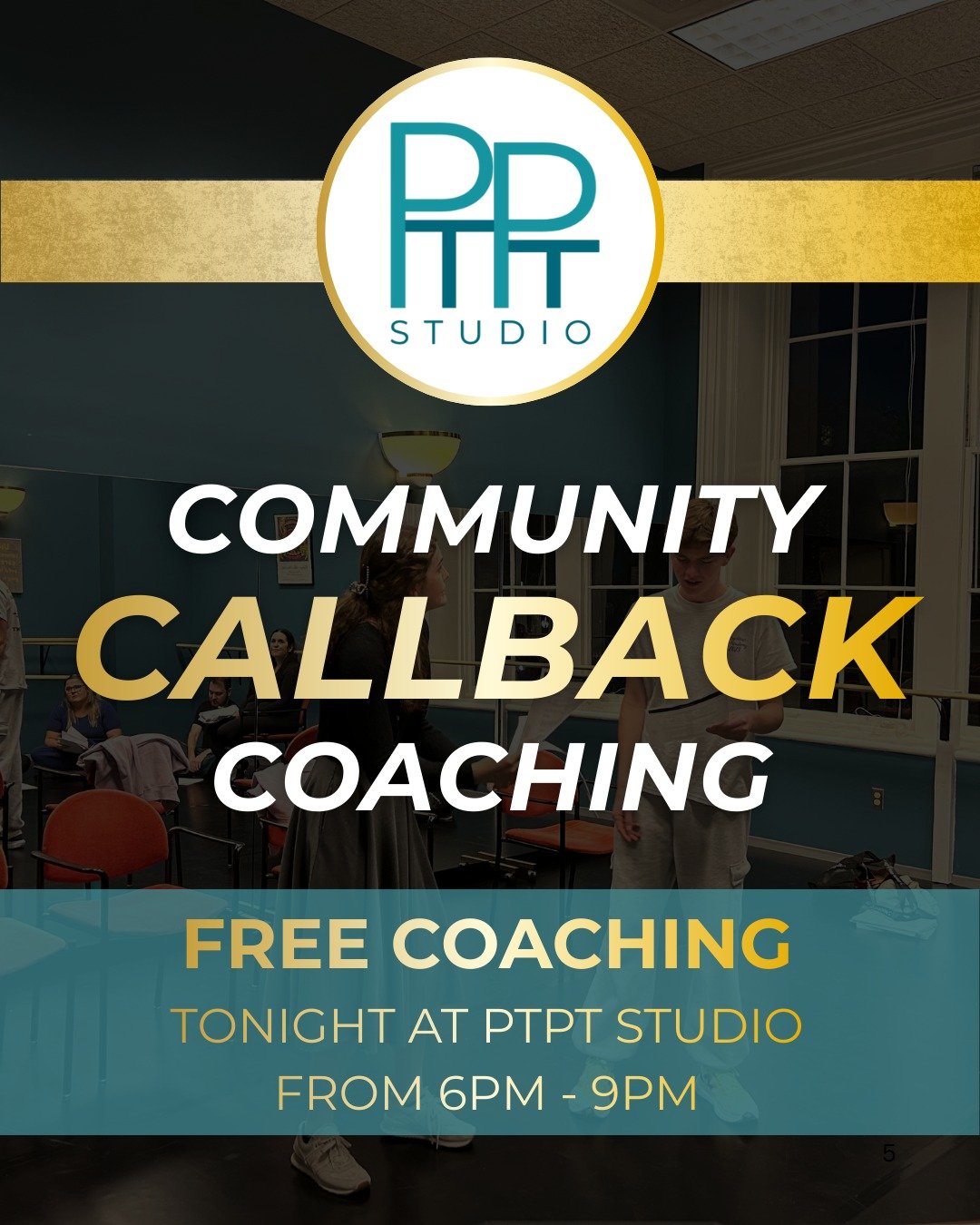 🎟️ THE DOORS ARE OPEN: FREE COMMUNITY COACHING TONIGHT!

Ready to own your next callback? Join Executive Artistic Director Emilia Torello and the PTPT Studio Faculty tonight from 6 PM &ndash; 9 PM for a free community coaching session at Thalian Hal
