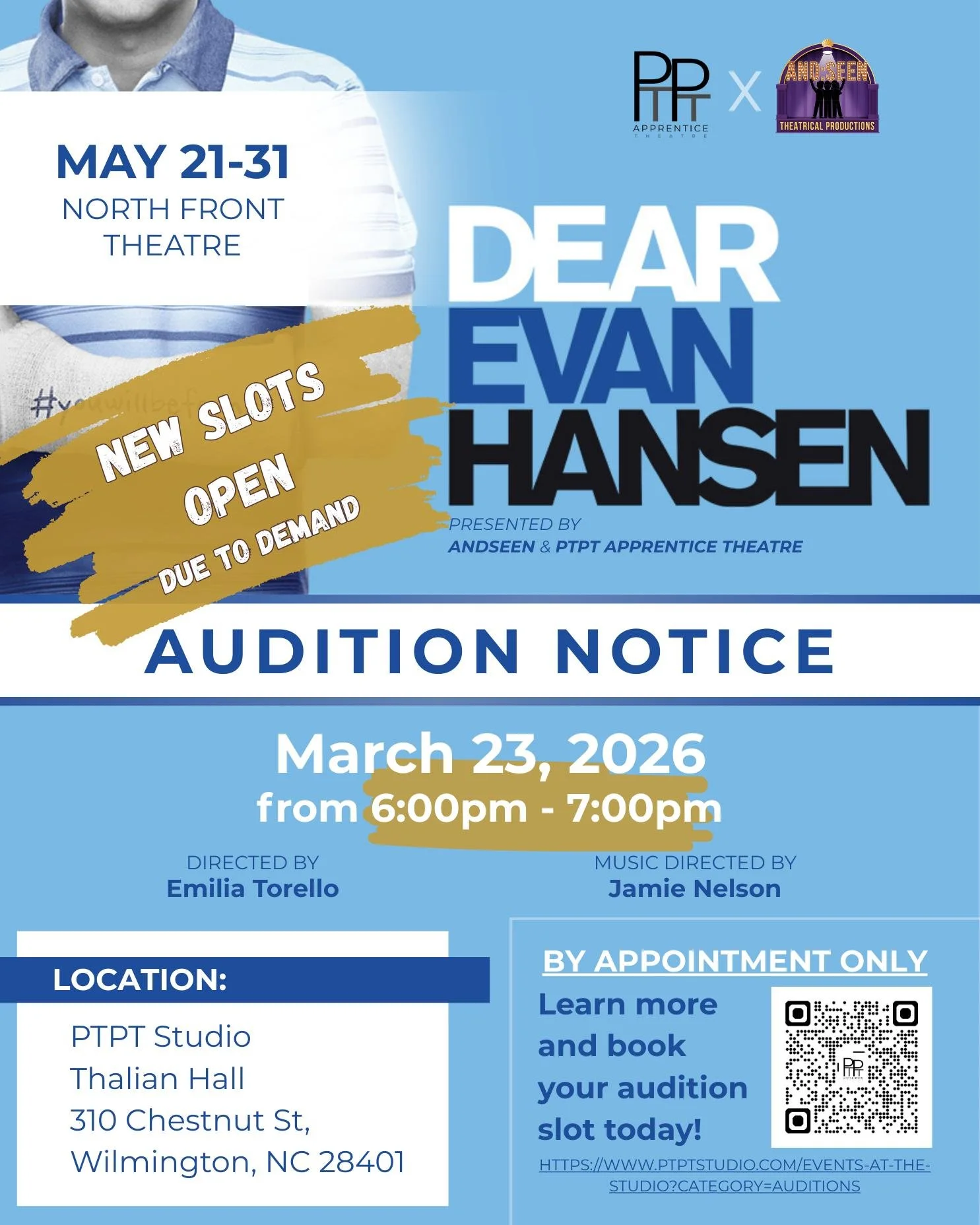 Today is going to be a good day... to add new audition times! 🎭

WOW. The response to Dear Evan Hansen auditions has completely taken our breath away! Slots filled up SO fast that we have opened up NEW audition slots on Monday, March 23!

📅 Monday 