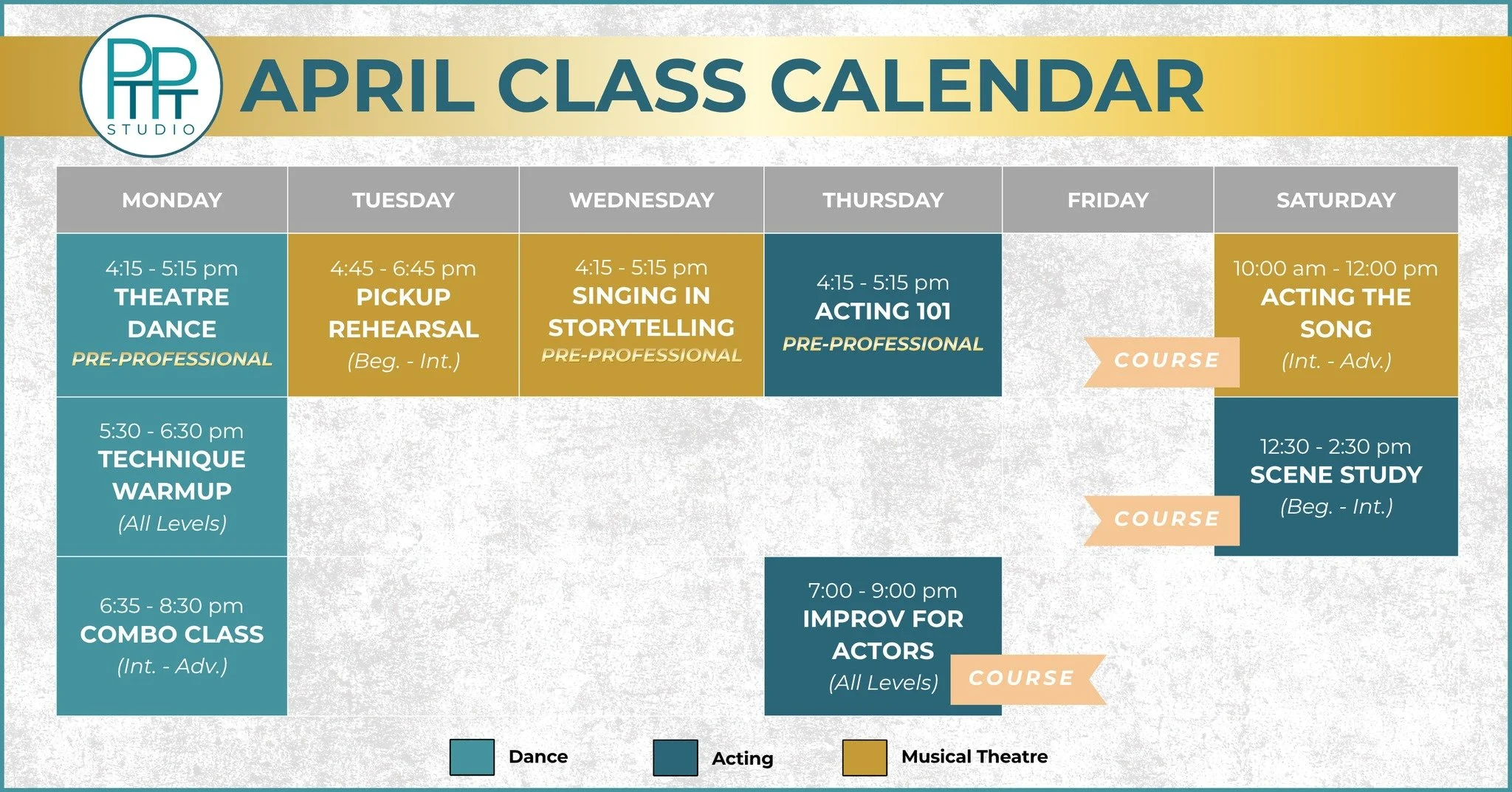 🎭 The April Class Calendar is HERE &mdash; and enrollment closes April 1st for our Courses!

Swipe to enroll and lock in your spot before it's too late! Our first class kicks off on March 30th, and we could not be more excited to get back in the stu