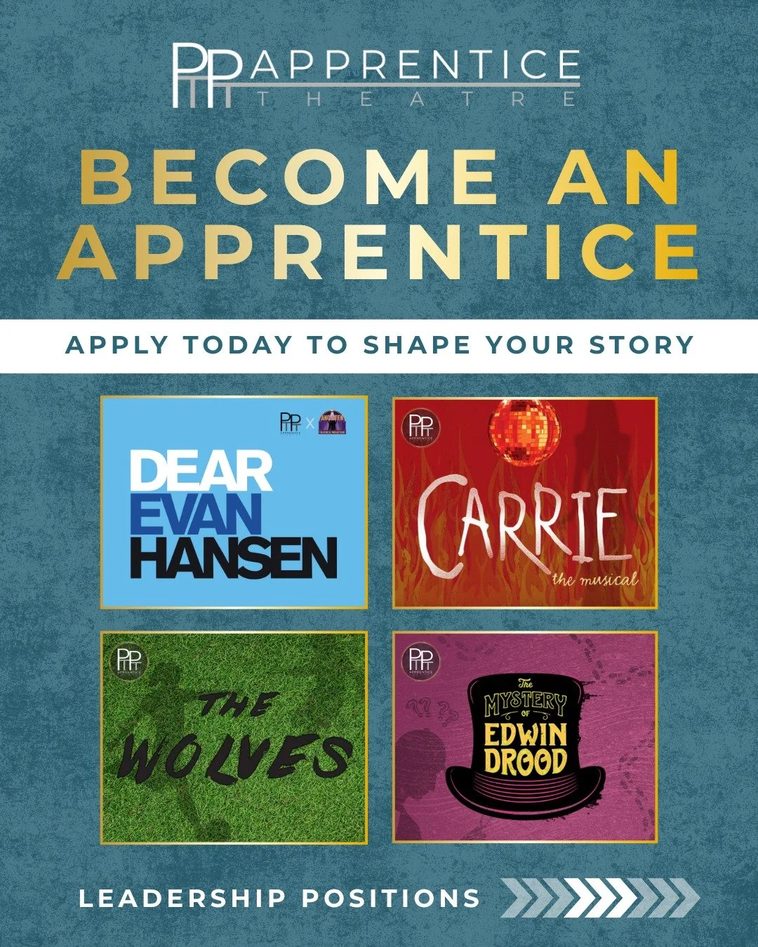 🎭 Are you ready to shape your story?

PTPT Apprentice Theatre is now accepting applications for our 2026 Inaugural Season &mdash; and we want YOU to be part of it!

At PTPT, we are a teaching theatre company. That means every apprentice who joins ou