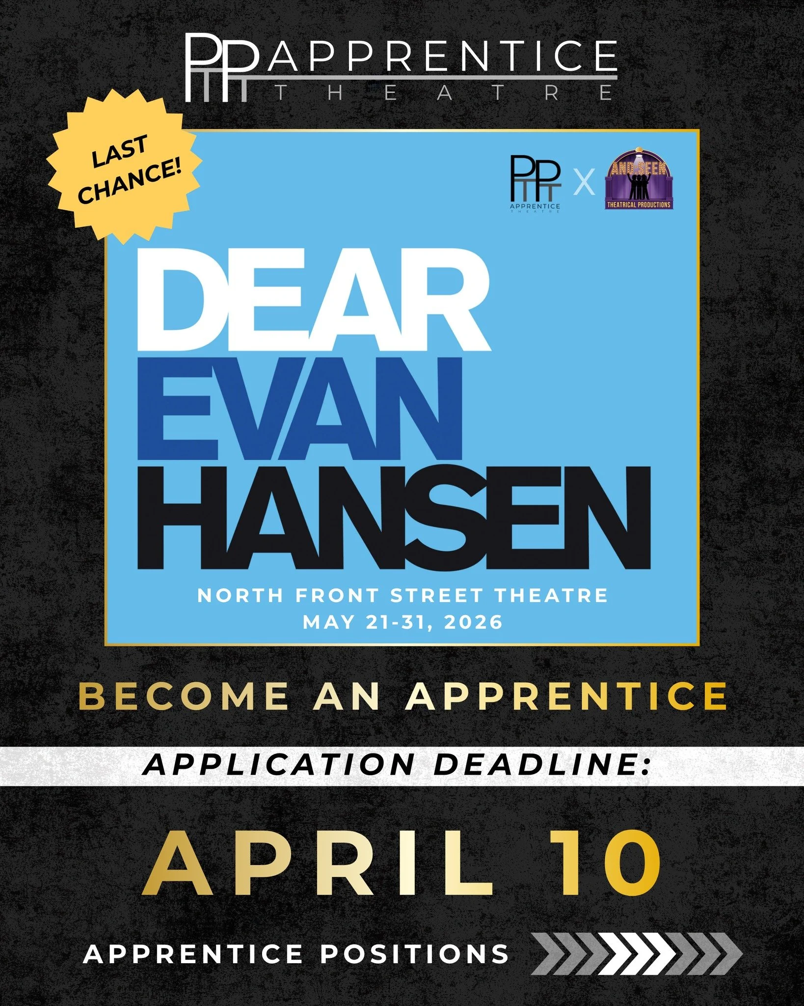 ⏰ LAST CHANCE &mdash; applications to become an apprentice for Dear Evan Hansen close TOMORROW, April 10th!

This is your final opportunity to be part of one of the most anticipated productions coming to Wilmington this season. As a PTPT Apprentice, 