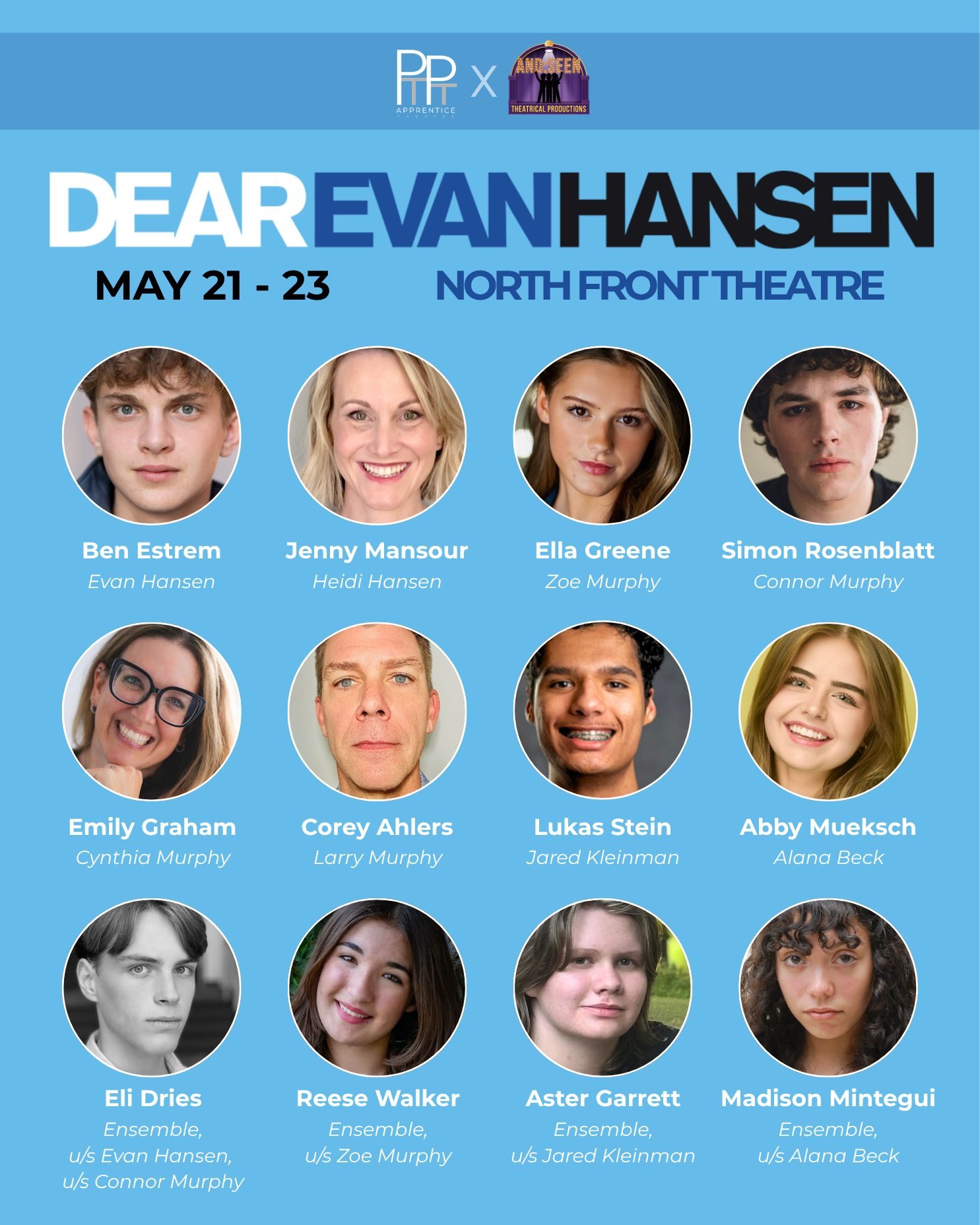 ✨You will be found.✨
We are so thrilled to introduce the cast of Dear Evan Hansen &mdash; presented by PTPT Apprentice Theatre x AndSeen Theatrical Productions!

Ben Estrem as Evan Hansen
Jenny Mansour as Heidi Hansen
Ella Greene as Zoe Murphy
Simon 