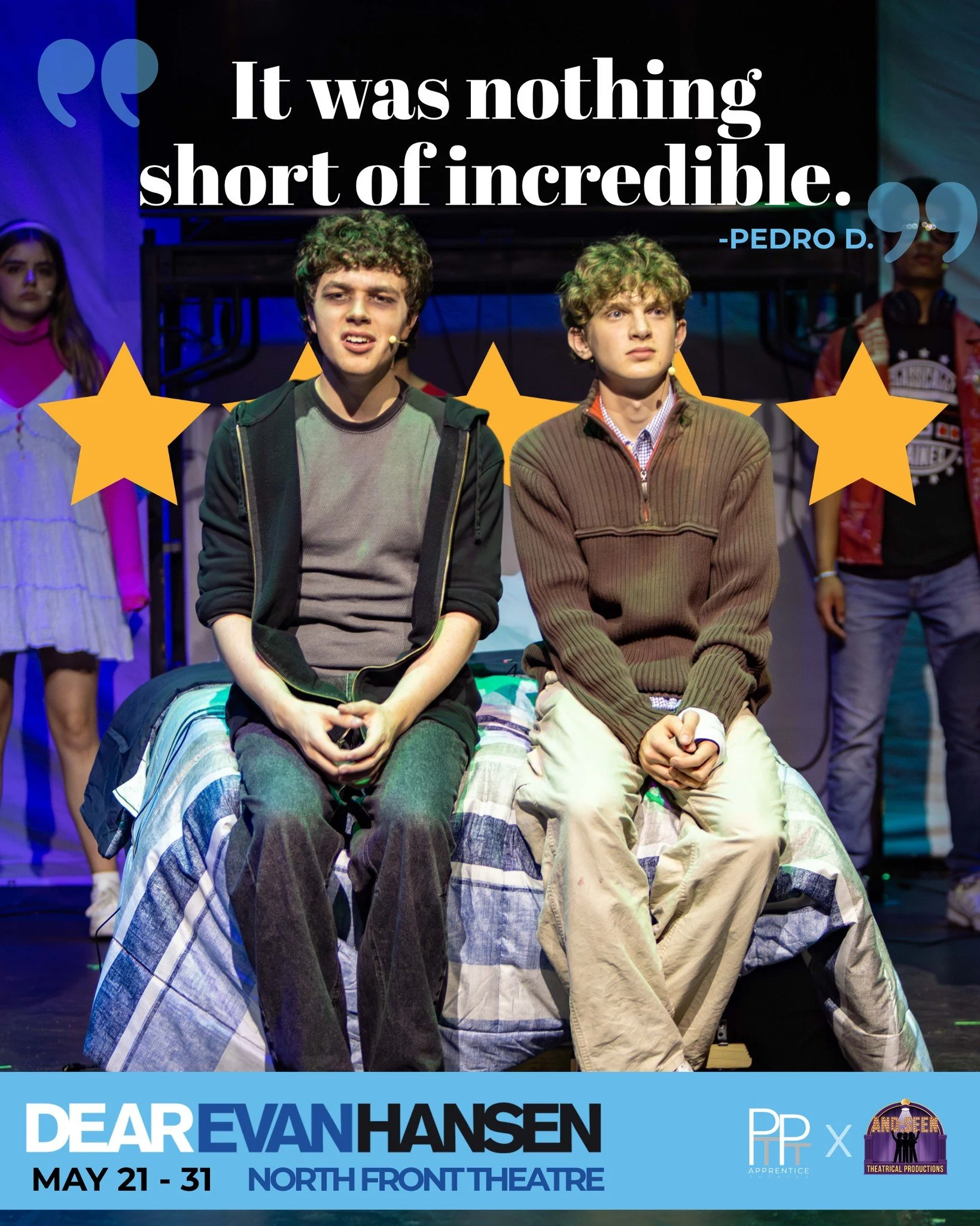 The people have spoken. ⭐⭐⭐⭐⭐

Swipe to see what Wilmington audiences are saying about Dear Evan Hansen &mdash; and then come see it for yourself before it is gone.

There are only a few performances left &mdash; do not miss your chance to be in that