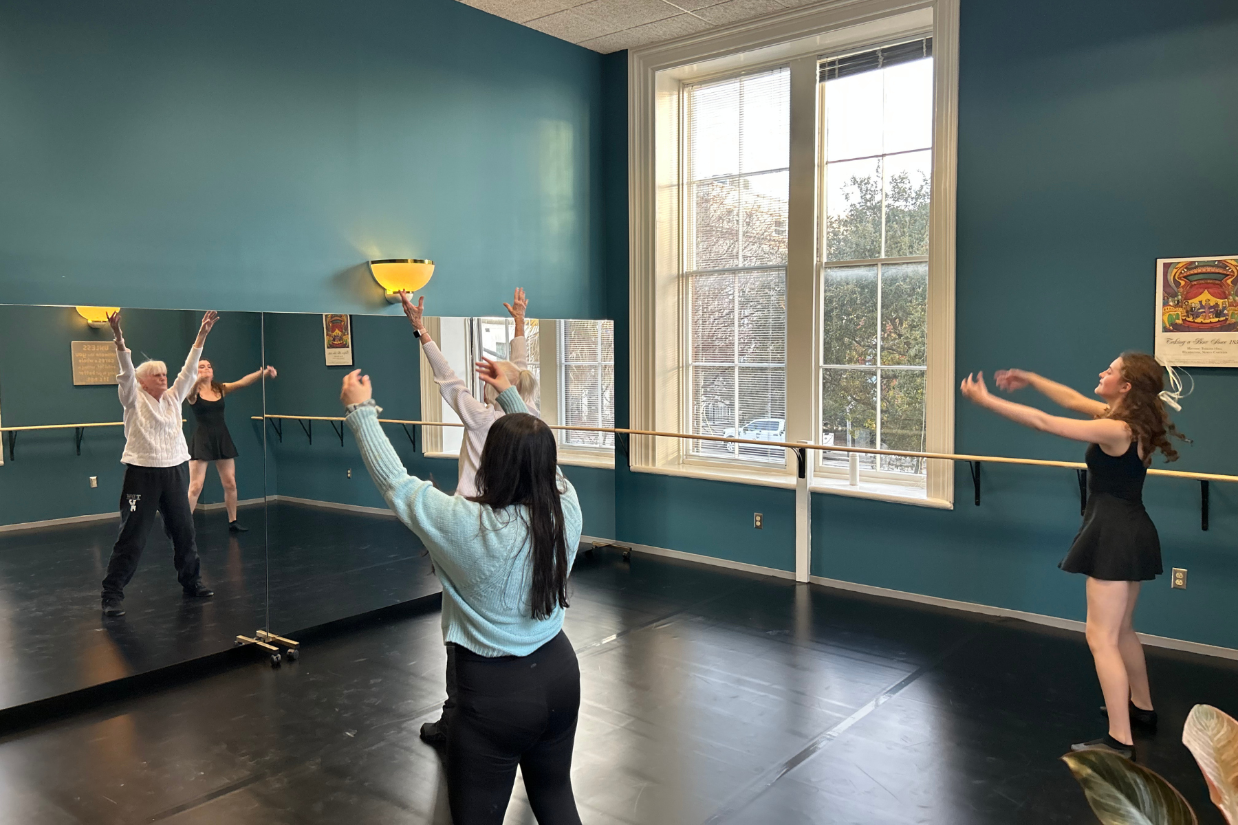 Teaching Artist Judy Greenhut leads a dance warmup to her REHEARSAL LAB students in January 2026.