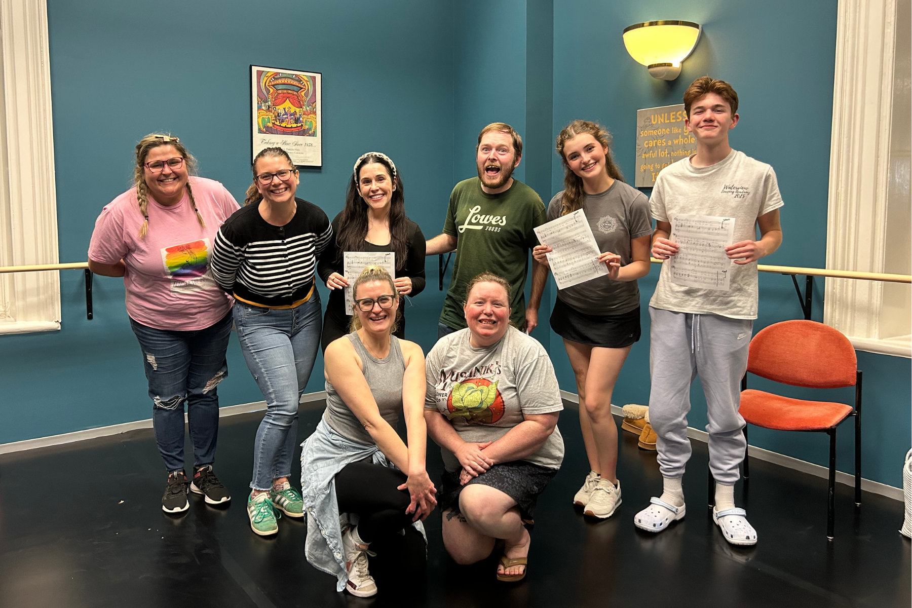 Teaching Artists Kendra Goehring and Amanda Clawges pose with their January 2026  AUDITION TECHNIQUE students.