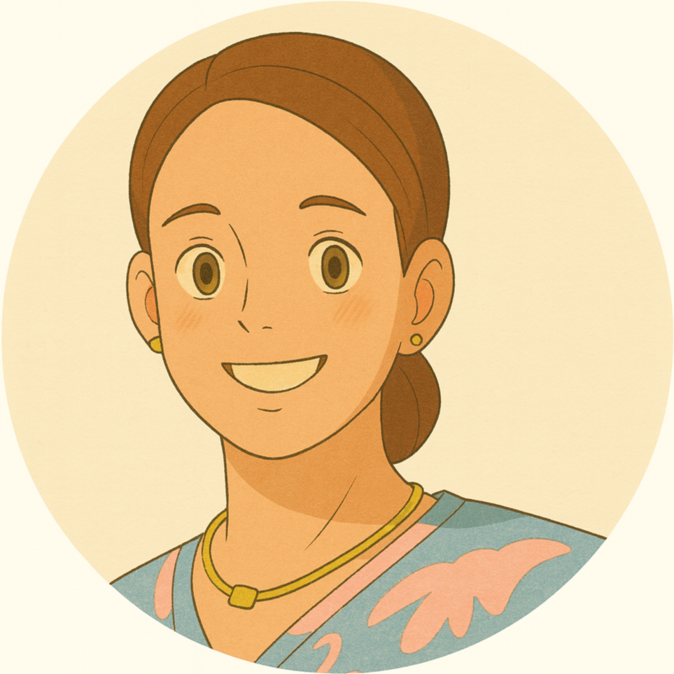 Cartoon-Illustration von Letty, einer lachenden weiblich gelesenen Person mit braunen Haaren, Ohrringen, goldener Halskette und blauer Bluse mit rosa Blütenmuster.