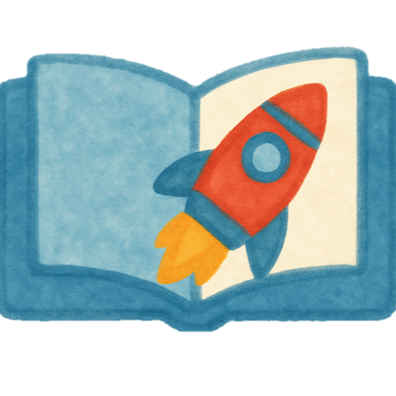 Icon Bildung, symbolisiert durch ein offenes Buch aus dem eine Kiezrakete startet