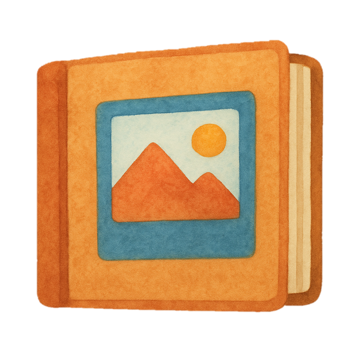 Icon Kita Momente, symbolisiert durch ein Fotoalbum, ein Buch mit einem Landschaftsbild auf dem Cover