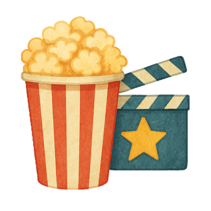 Icon Pyjama Party, symbolisiert durch Popcorntüte neben einer Filmklappe mit Stern