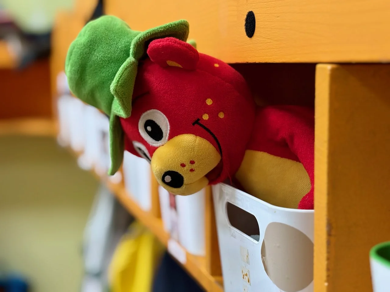 Foto von der Garderobe mit Fächern. Ein kuscheliger, rote Stofftier-Bär mit grünem Blatt auf dem Kopf sitzt in einem weißen Behälter, aus dem es heraus schaut, an einer gelben Holzablage.