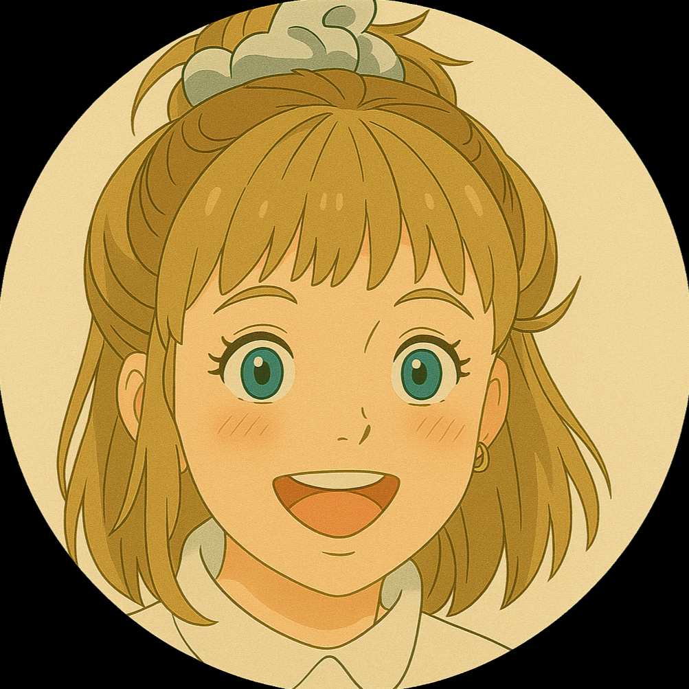 Cartoon-Illustration von Marie, einer lachenden jungen weiblich gelesenen Person mit blonden Haaren, einem Haarband, heller Bluse und blauen Augen.