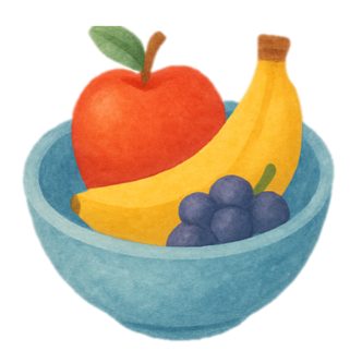 Icon Ernährung, symbolisiert durch eine blaue Obstschale mit rotem Apfel, Banane und blauen Trauben