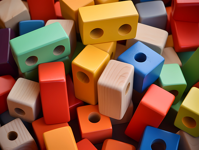 Foto von bunten Holzbausteinen in verschiedenen Farben und Formen, die gestapelt und verteilt sind.