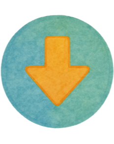 Ein orangefarbener Pfeil zeigt nach unten, auf einem runden, aquarellartig blauen Hintergrund.