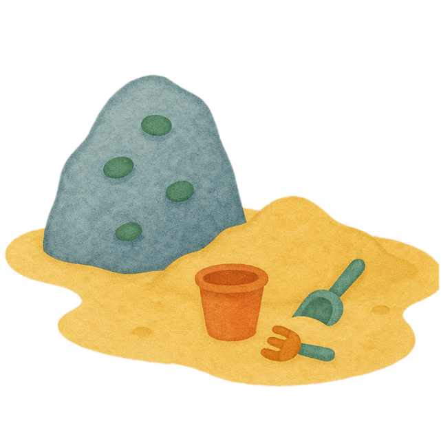 Icon Kiez erkunden, symbolisiert durch Sandbereich mit Kletterfelsen und Sandspielzeug