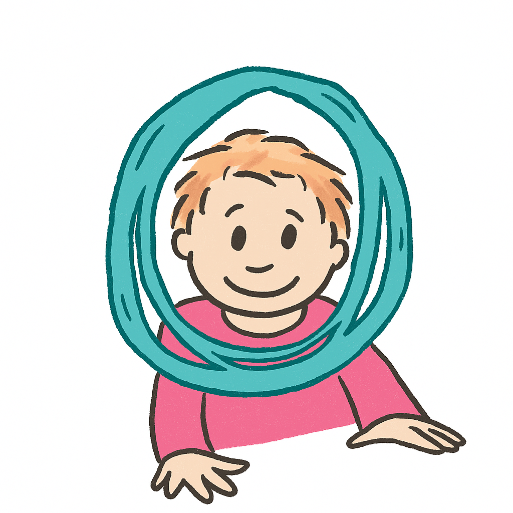 Icon der Kita, eine Illustration eines lachenden Kindes, das durch ein Guckloch schaut.