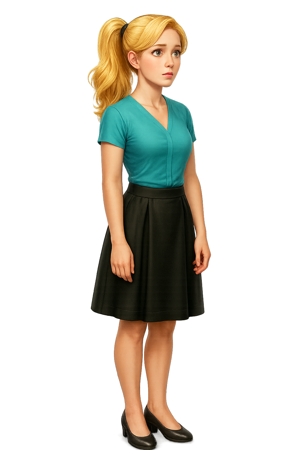 Olivia, from Wiki's Wonder Crew. She's a teenage woman with blonde hair tied in a high ponytail, wearing a stylish teal V-neck T-shirt, a black knee-length skirt, and black heels, standing against a plain background.