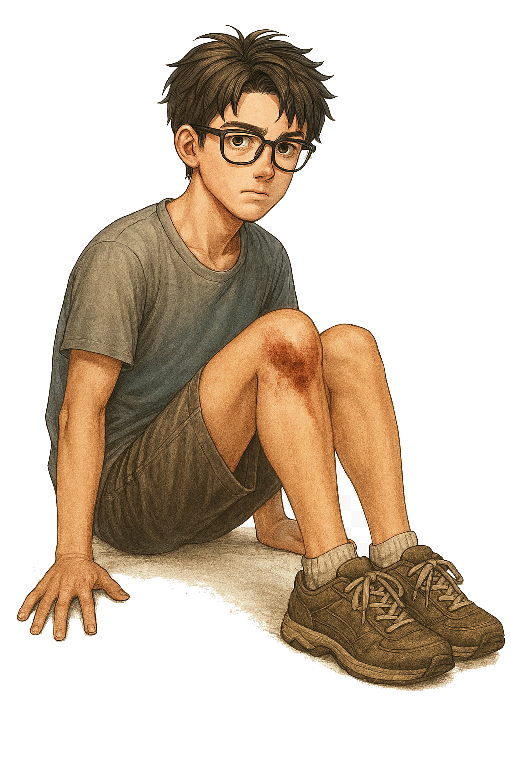 Wiki, from Wiki's Wonder Crew.. He's a teenage boy with glasses, brown hair, and a serious expression, sitting on the ground with one knee bruised. He is wearing a gray t-shirt, brown shorts, gray socks, and athletic shoes.