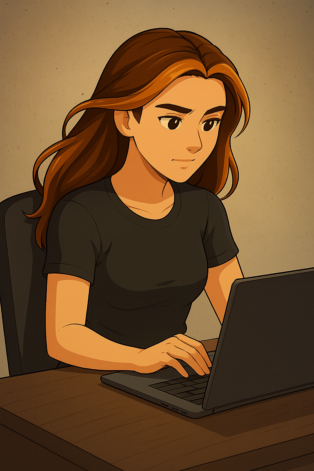 A character from Wiki's Wonder Crew (Kayla) working at a computer.