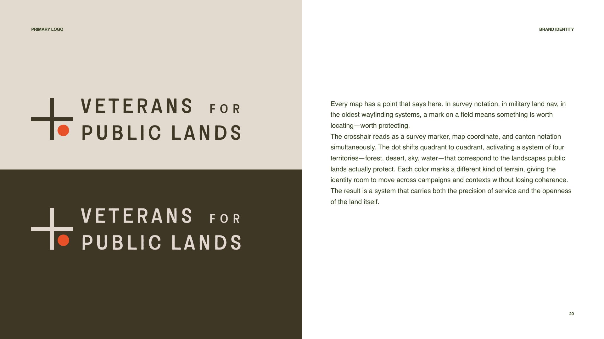 VFPL brand book: primary Veterans for Public Lands logo on light and dark