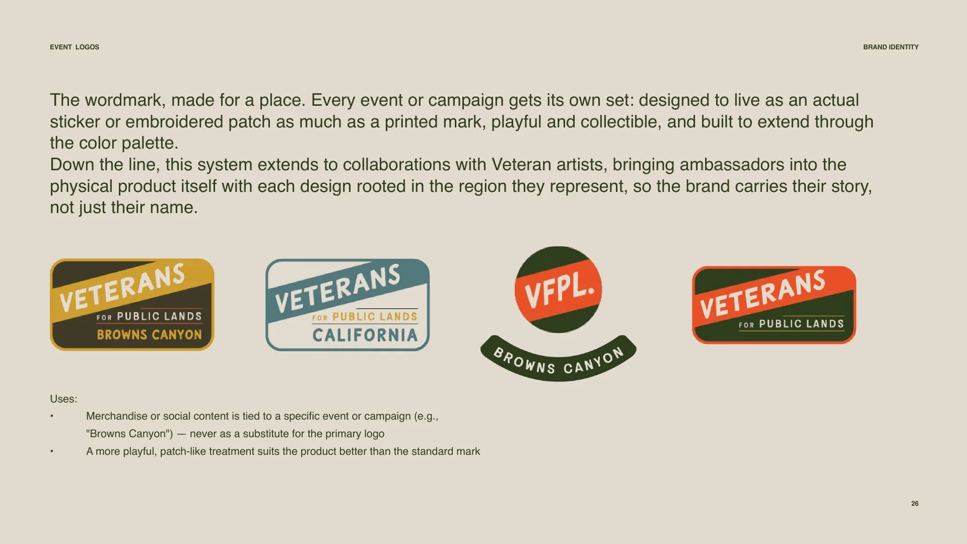 VFPL brand book: event badges, including Browns Canyon