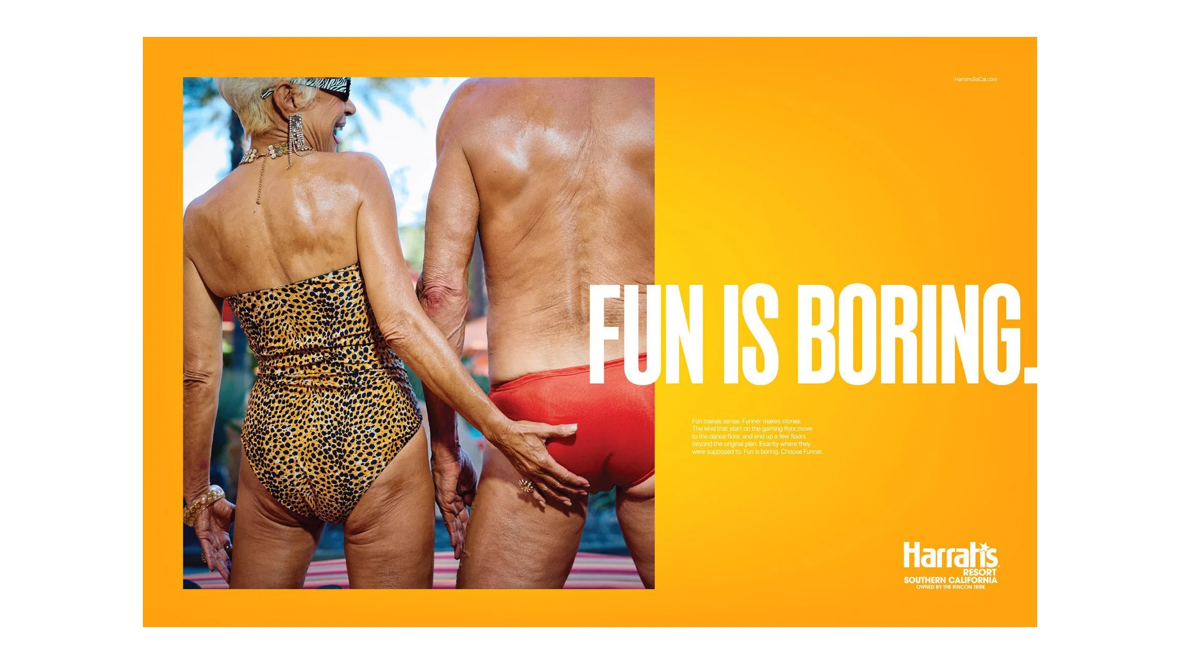 Harrah's ad "Fun is boring." with a couple in swimwear by a pool