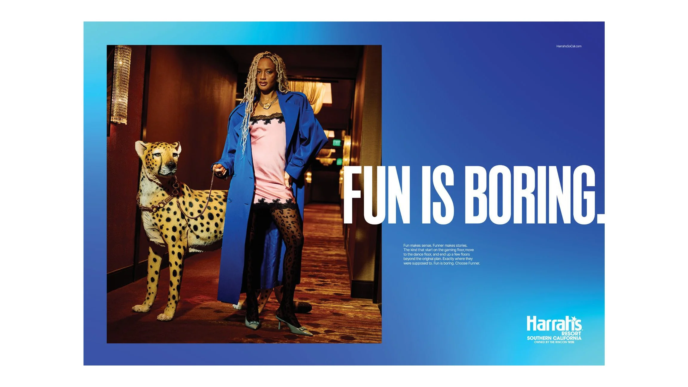 Harrah's ad "Fun is boring." with a woman walking a cheetah statue