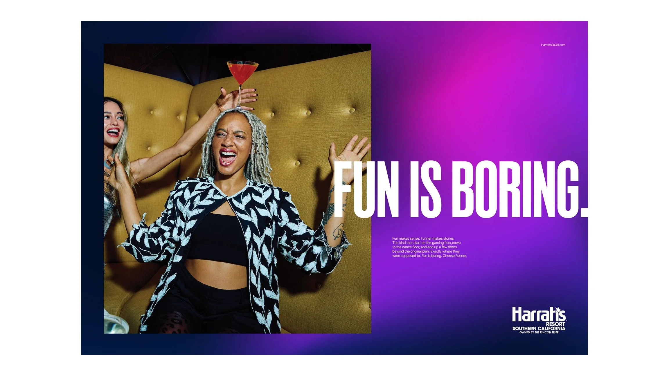Harrah's ad "Fun is boring." with a woman balancing a cocktail on her head